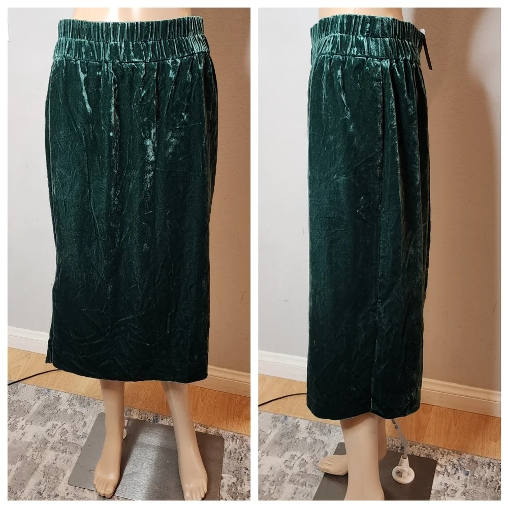 NWT J. Crew‎ Crushed Velvet Green pullon midi skirt pockets size medium